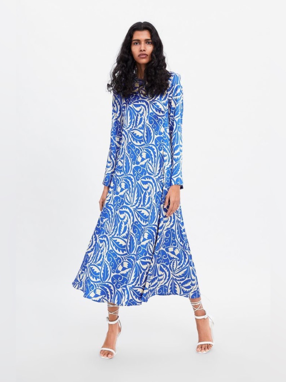 Zara Satin Blue and White Leaf Patterned Long Sleeve Midi Dress Size XS